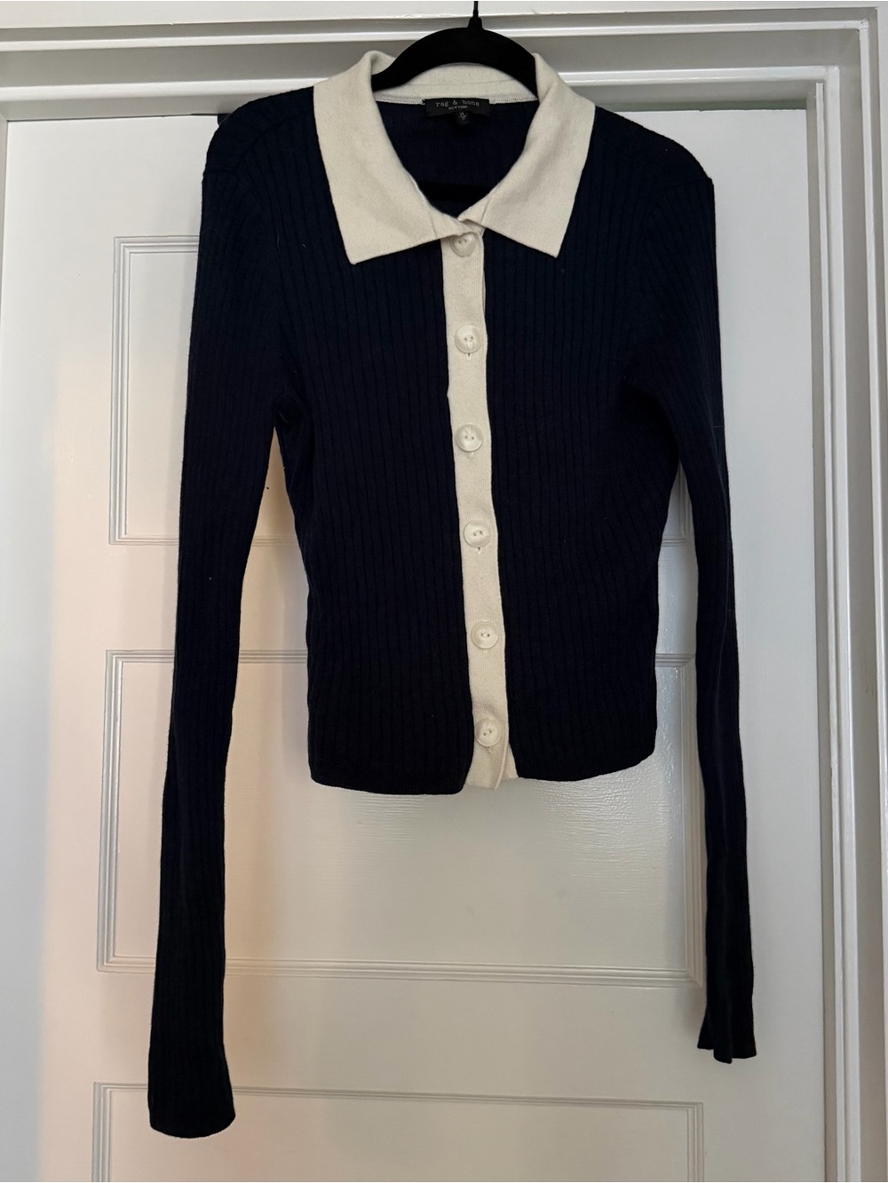 Rag & Bone Navy & White Ribbed Button-Up Cardigan with White Collar